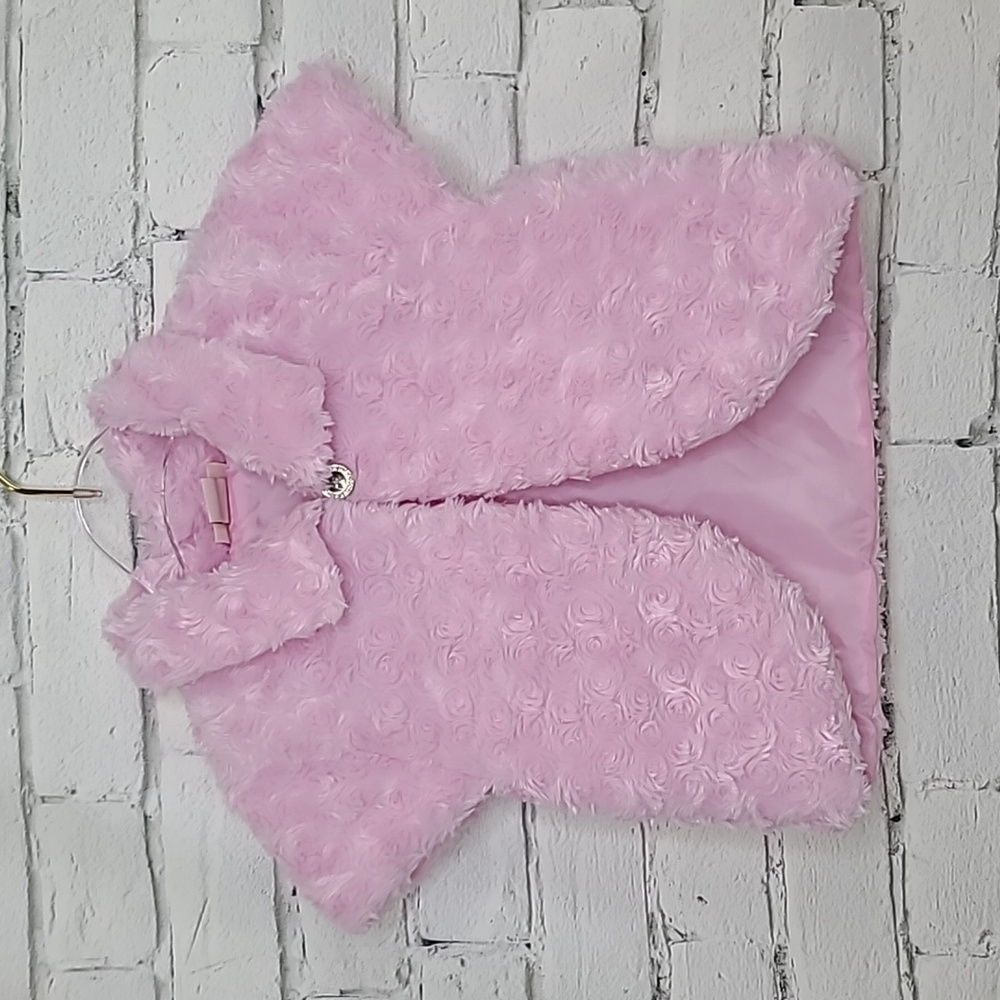 Juicy Couture Plush Faux Fur Satiny Lined Open Front Cap Sleeve Jacket in Pink